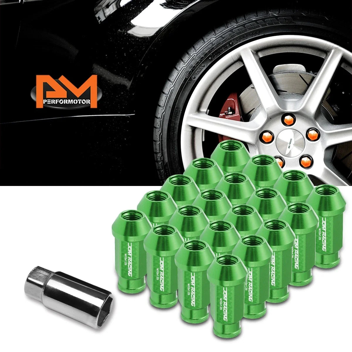 Set of 20 Green JDM Open-End Acorn Hex Wheel Lug Nuts M12X1.25 + 25mm