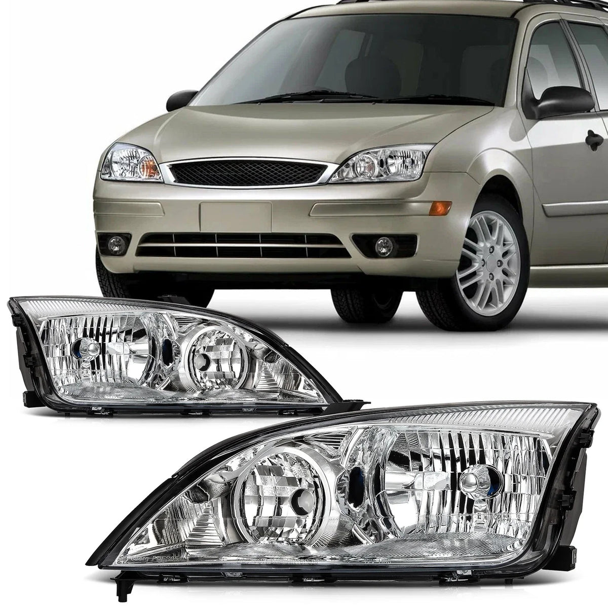 2X Headlight Assembly in Chrome for 2005-2007 Ford Focus