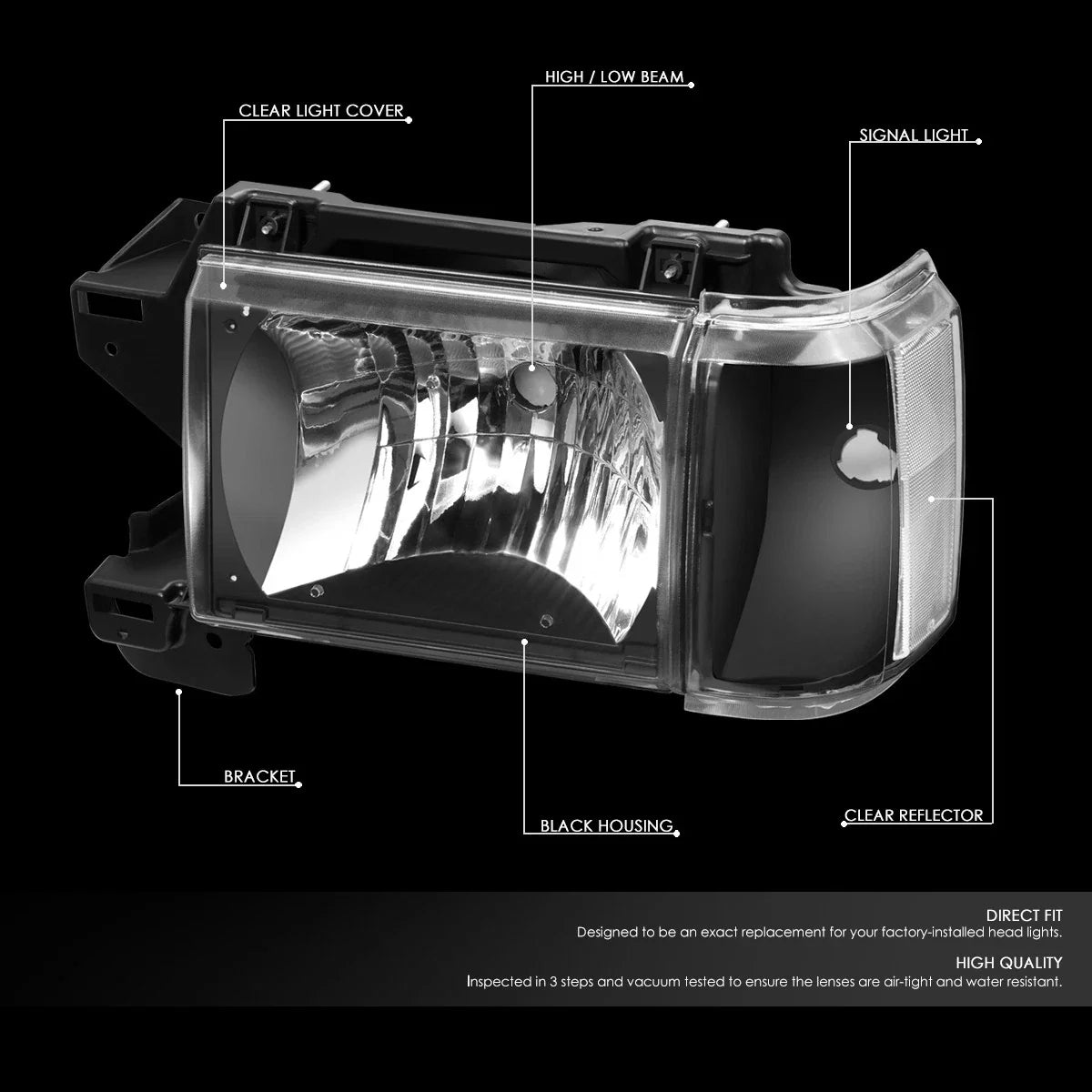 Set of 2 Black/Clear Signal Headlights for Ford F150 F250 F350 Bronco (1987–1991)
