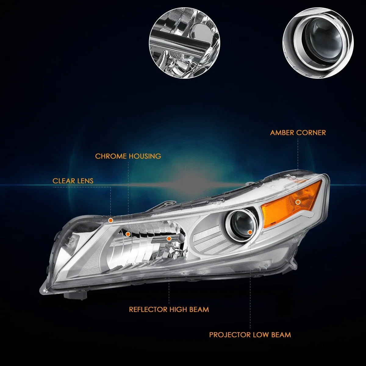 Projector Headlight Lamp Left for Acura TL 2009-2011 Chrome/Amber
