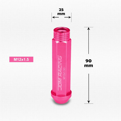 Pink Aluminum Open-End Lug Nuts Set of 20 M12X1.5 90mm Tall