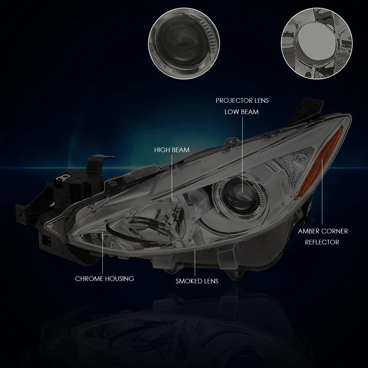 Projector Headlight Amber Corner with Smoked Lens for Mazda 3 2014-2016