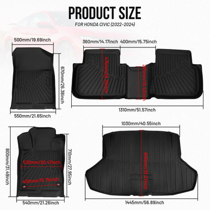 Cargo Liner & All Weather Floor Mats Set for Honda Civic Sedan 2022-2025