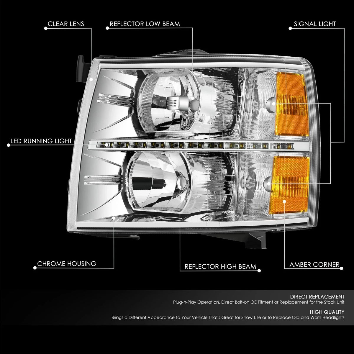 LED DRL Strip for Chevy Silverado (2007–2014) - Chrome Housing Amber Corner