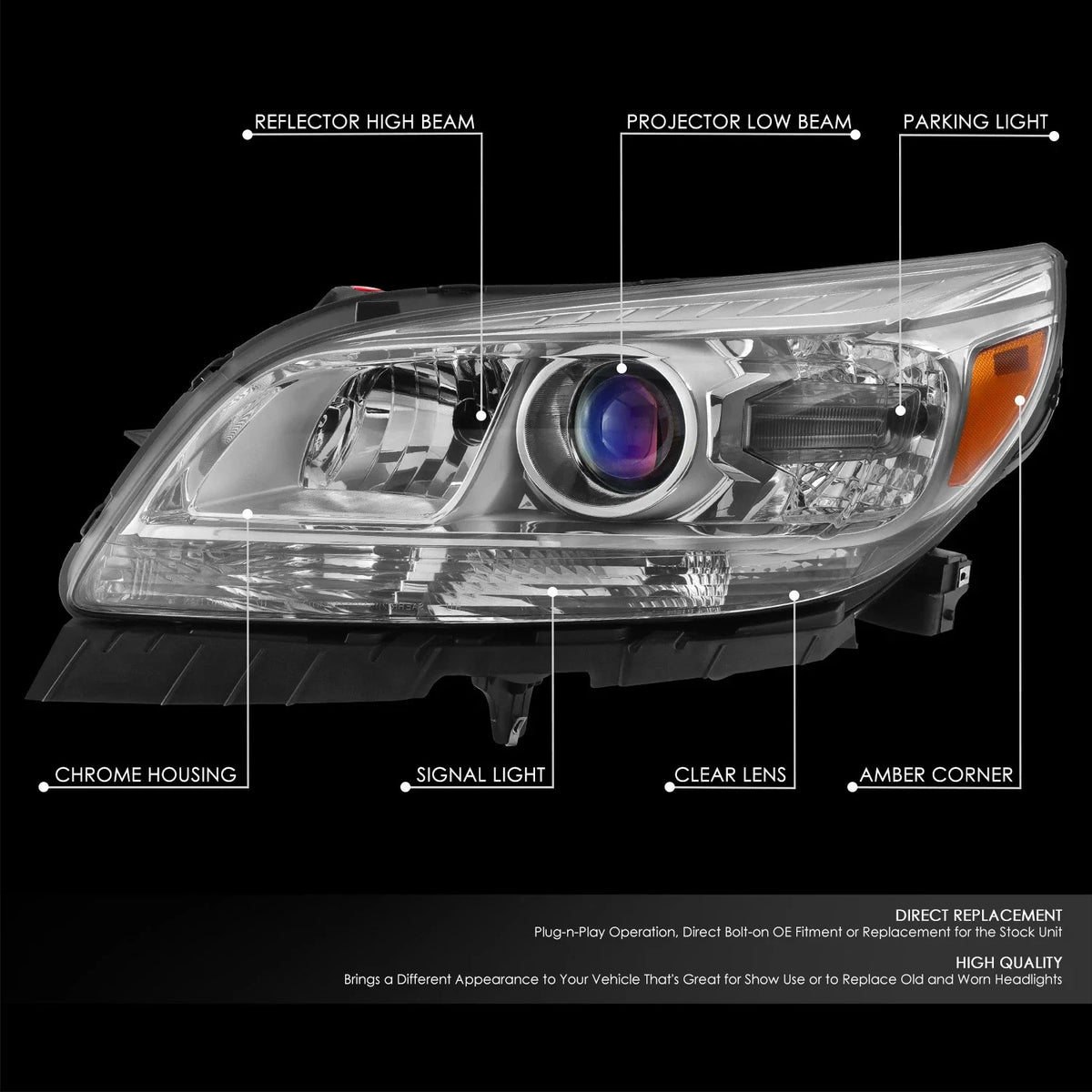 Driver Left Chrome Projector Halogen Headlight for Chevrolet Malibu (2013–2015)