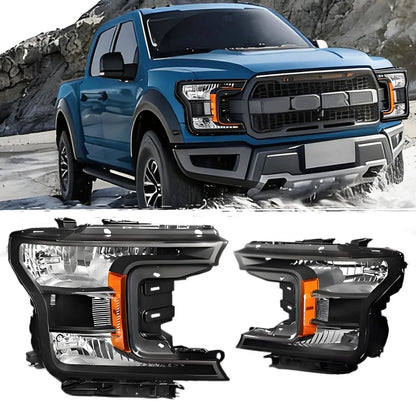 Pair of Headlights for Ford F150 (2018–2020) Halogen Black Clear