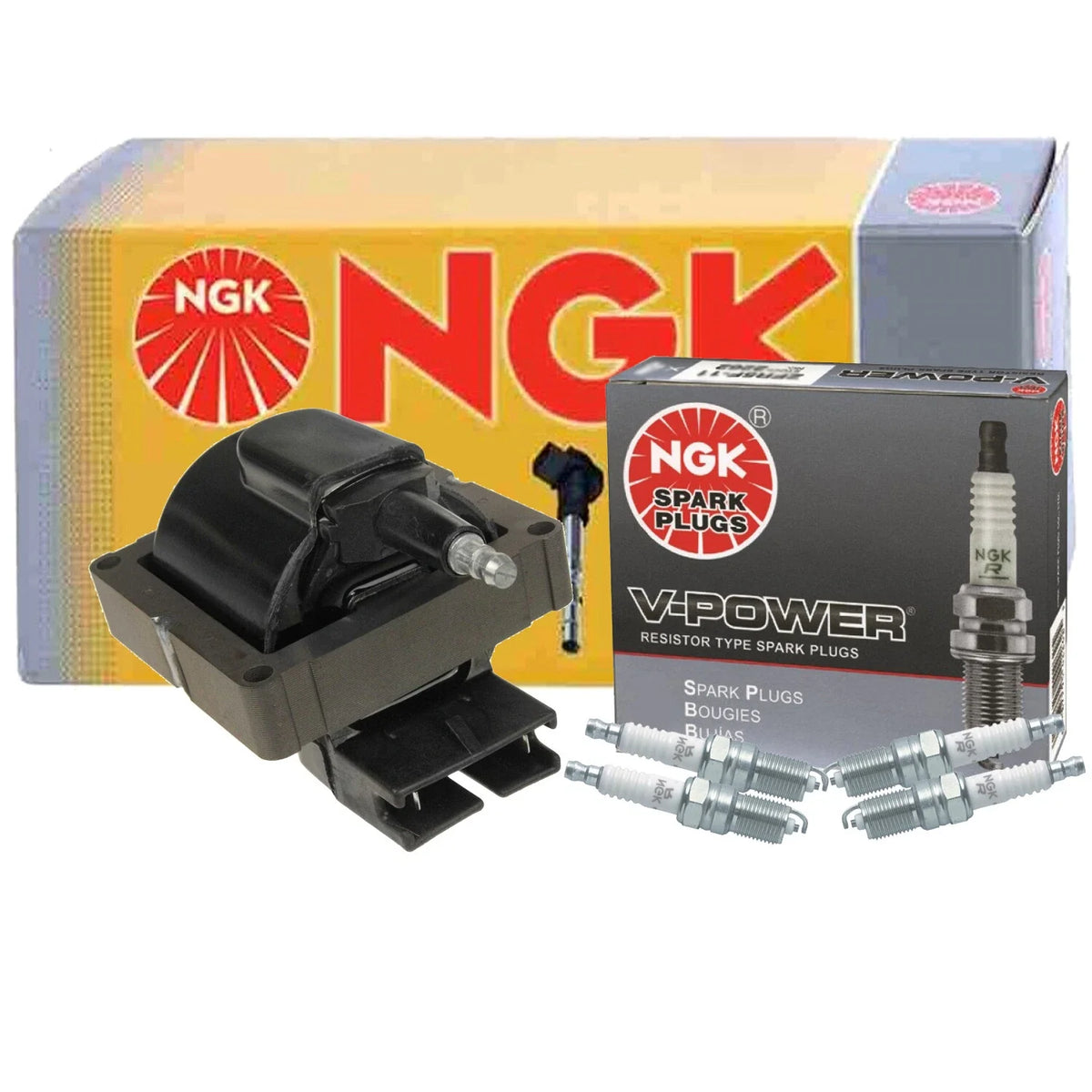 NGK HEI Ignition Coils & 4 V-Power Spark Plugs for Ford Mercury 2.3