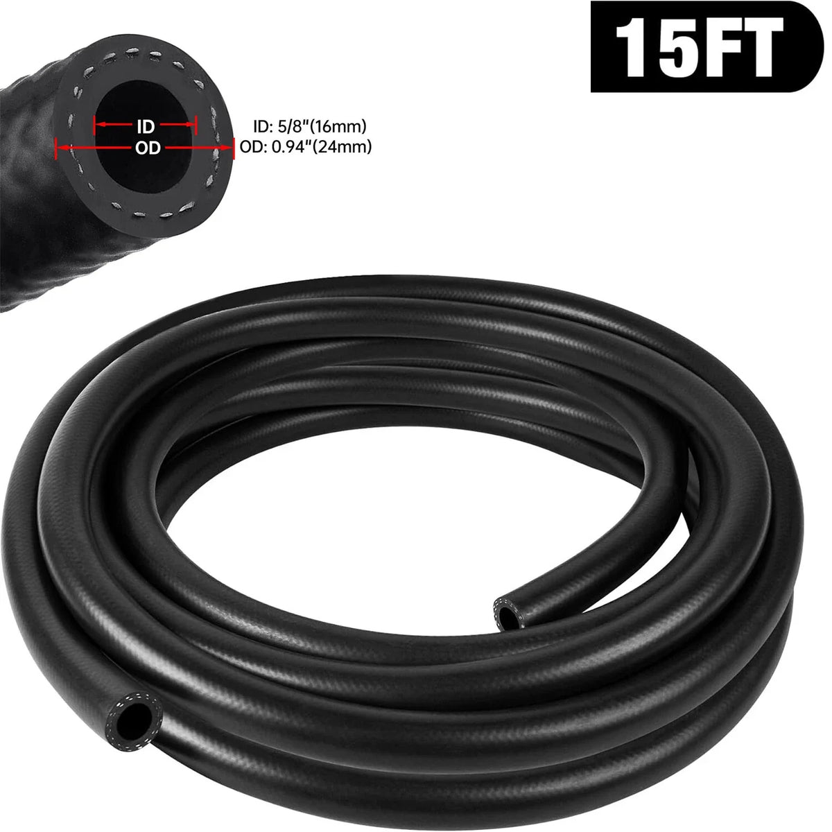 5/8" Fuel Hose Line for Various Models (15FT, Rubber, Push Lock)