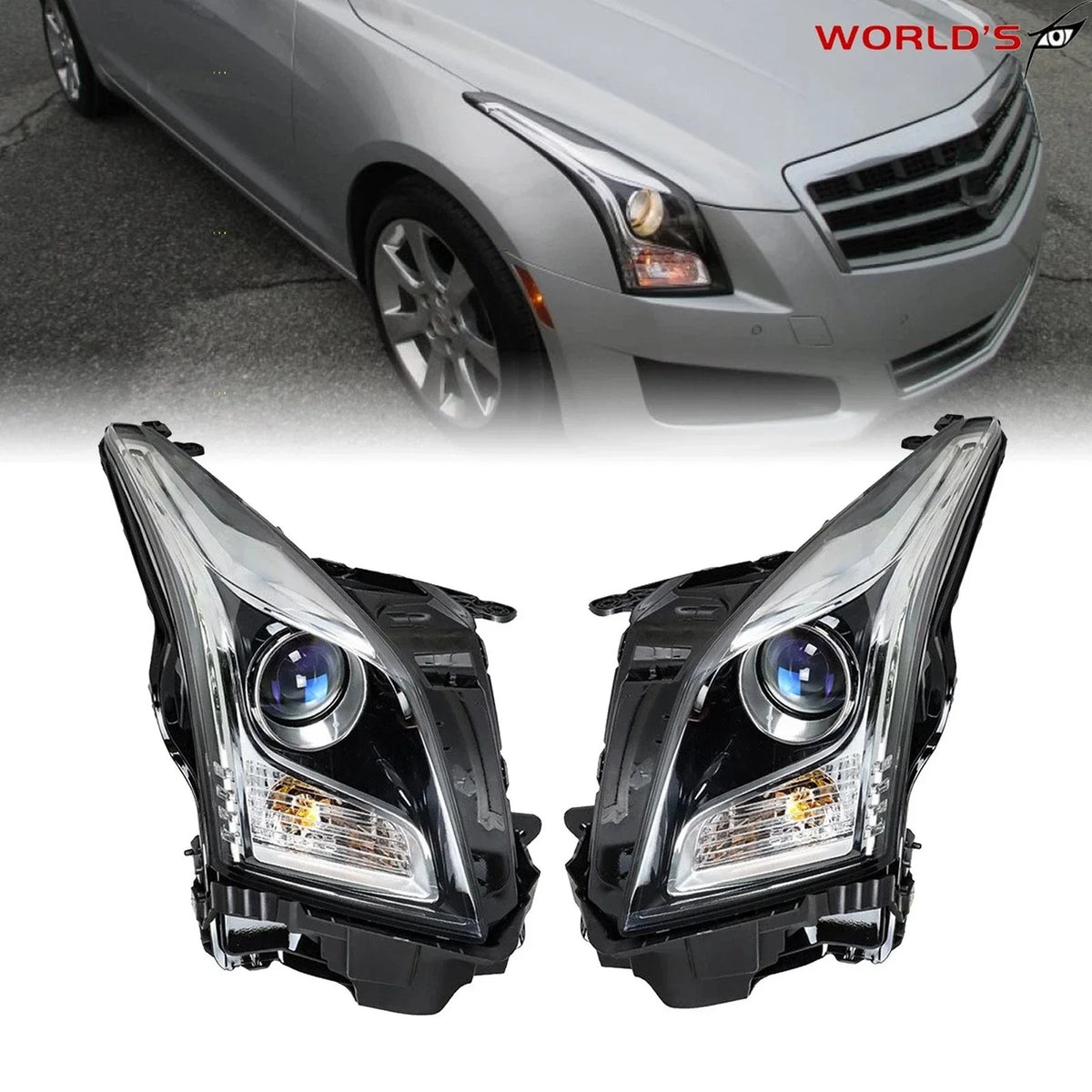 Set of 2 Headlights for Cadillac ATS (2013–2018) Halogen Projector Chrome
