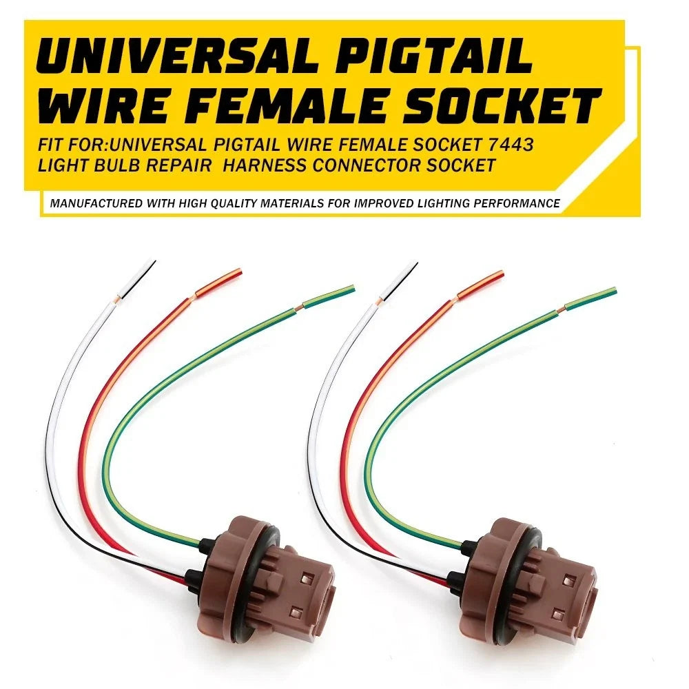 2X Universal Pigtail Wire Female Socket 7443 for Brake Stop Tail Lamp