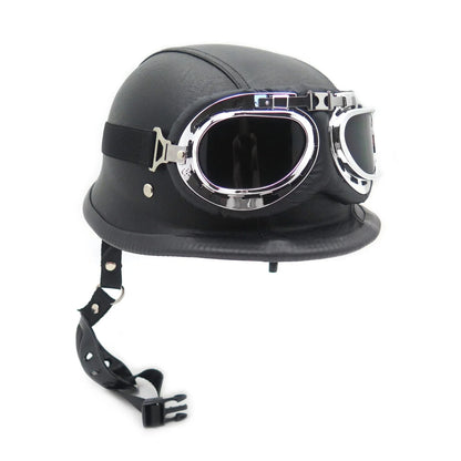 Black Leather Half Face Helmet for Motorcycle (DOT Approved, XL)