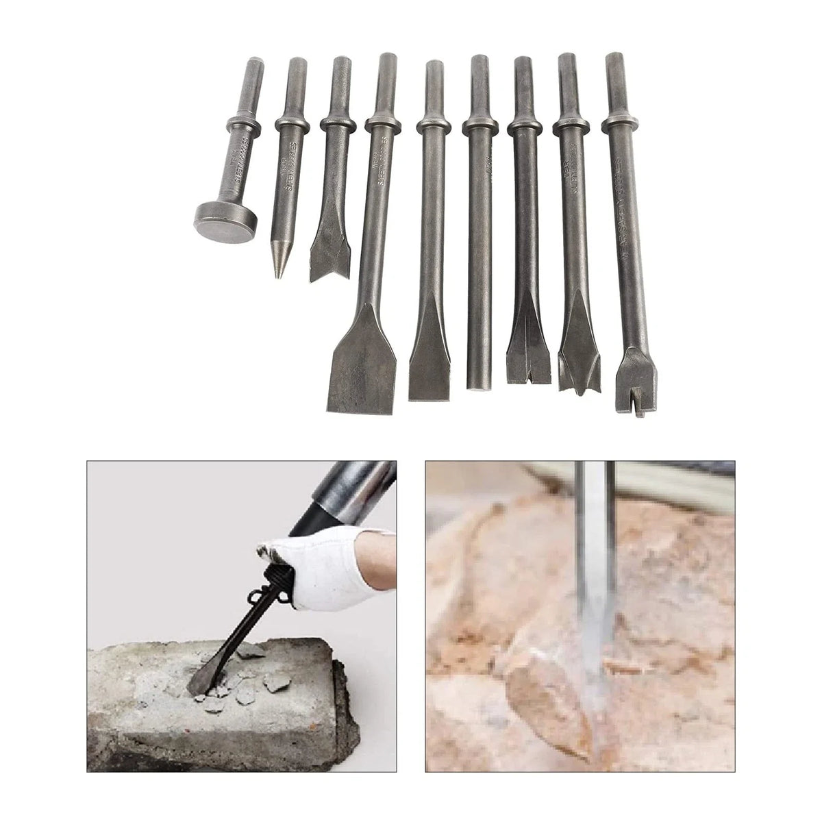 Air Hammer Chisel Set 9Pcs - 0.39In Shank Included