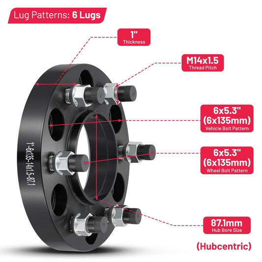Set of 4 Hubcentric Wheel Spacers 1" 6x135 14x1.5 for Ford F150 (2015–2024)