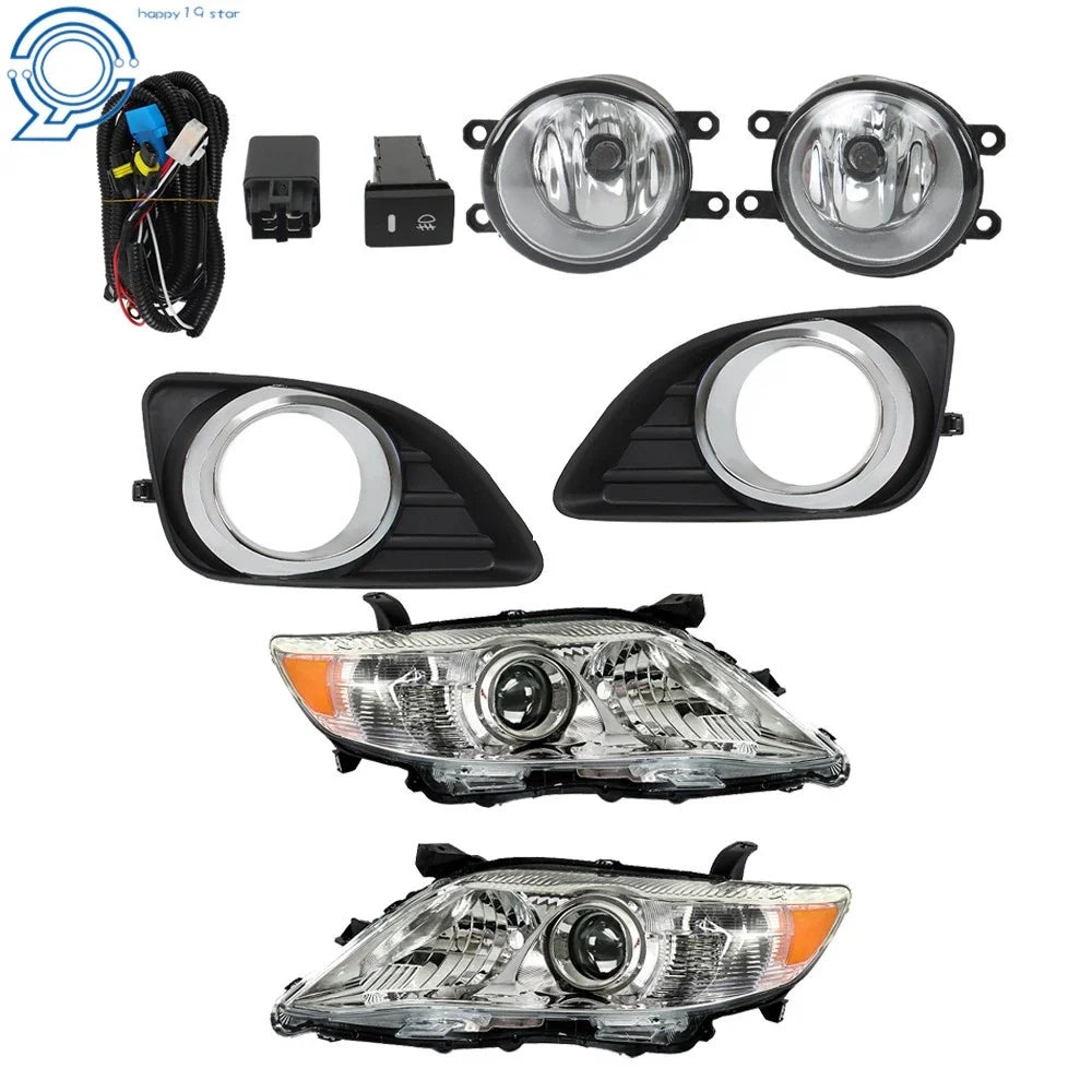 Fog Lights Switch with Cover + Front Chrome Headlights for 2010-2011 Camry