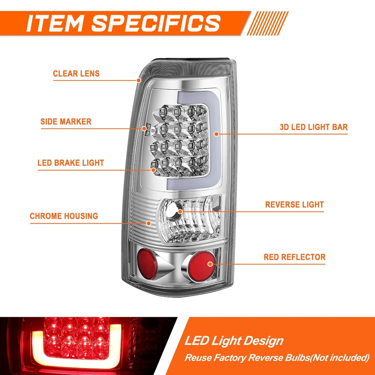 3D LED C-Bar Tail Light Brake Lamp Chrome for Chevy Silverado/GMC Sierra (1999–2003)