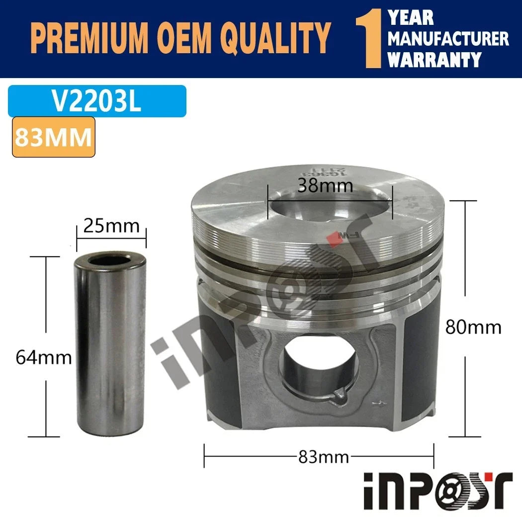 Set of 4 Pistons with Rings for Kobota V2203L (2003–2008) 83MM 1G363-2111