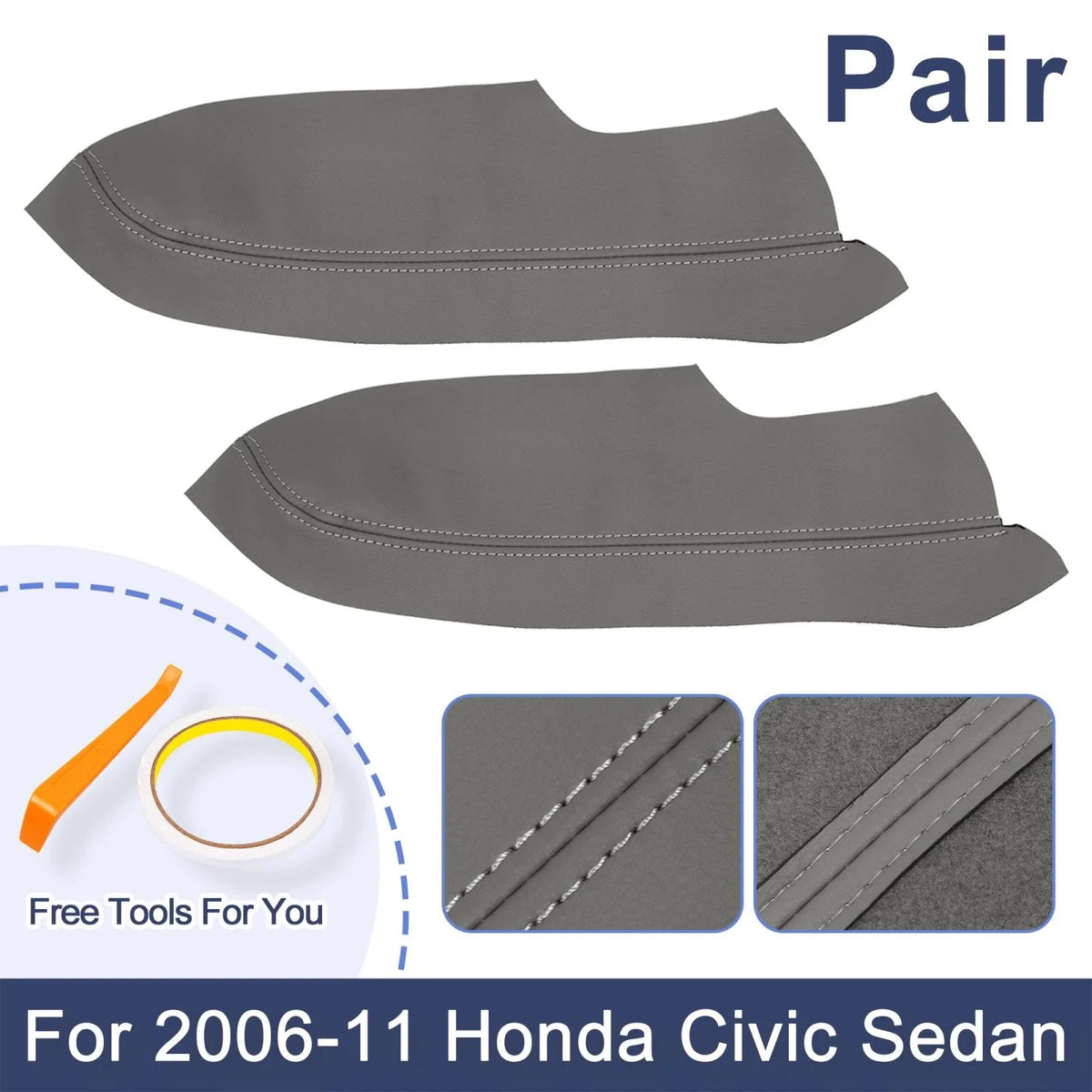 Pair Front Door Panels Armrest Covers Gray for Honda Civic Sedan (2006–2011)