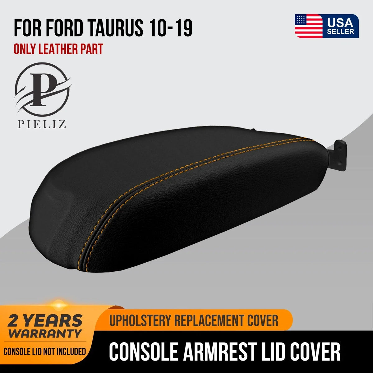 Leather Console Lid Armrest Cover for Ford Taurus (2010–2019) Orange Stitch