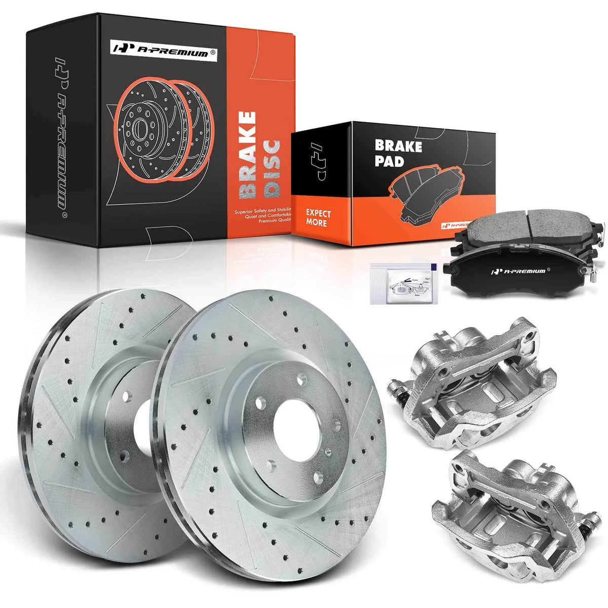 Set of 8 Front Drilled Brake Rotors, Pads & Calipers for Infiniti EX35 M35h