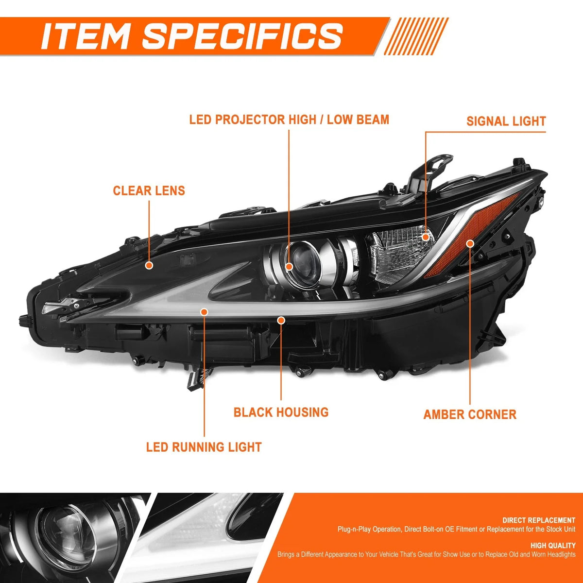 Black LED Projector Headlight for 2019-2021 Lexus ES300H ES350 - Driver Side