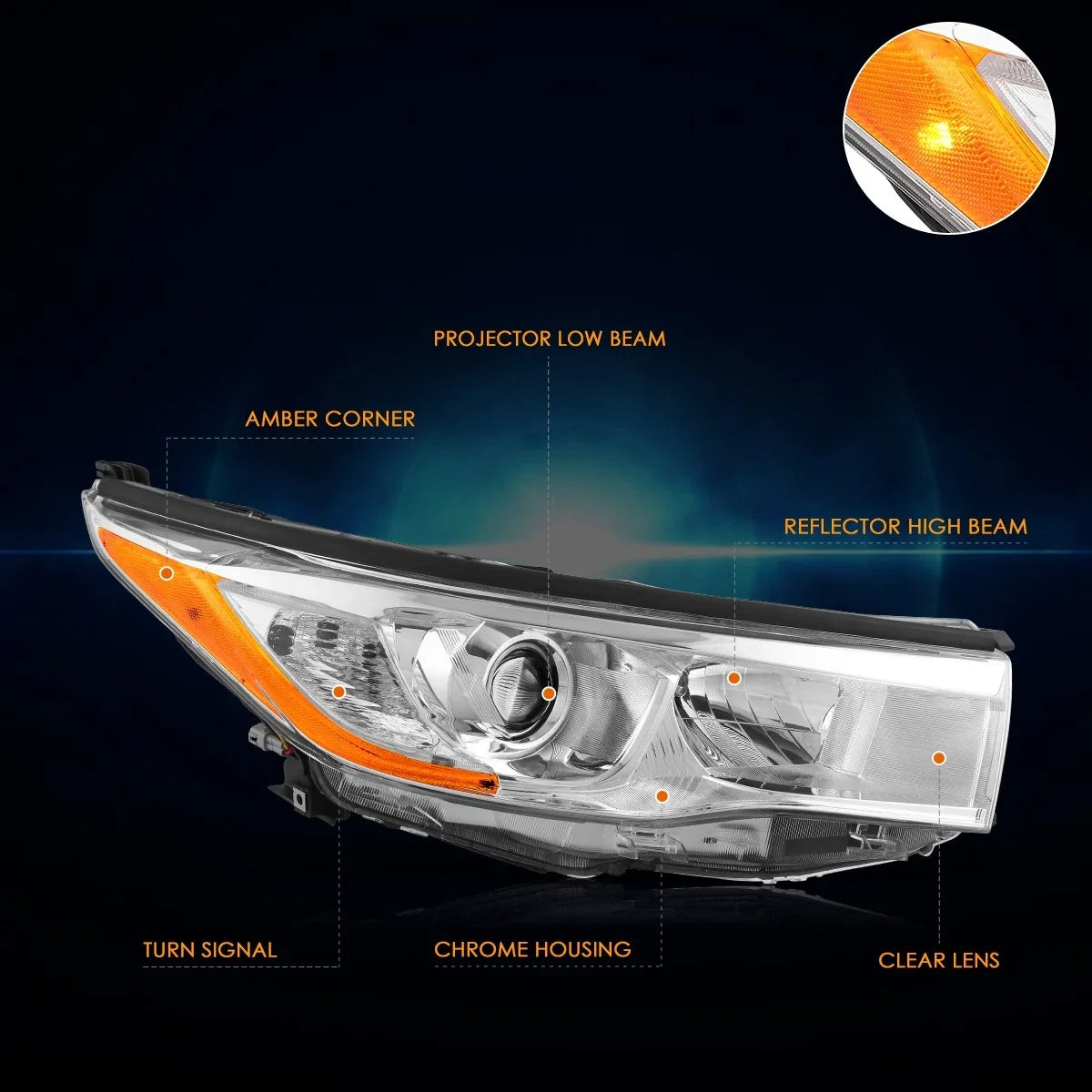 Projector Headlight Right Side Chrome for Toyota Highlander (2014-2016)