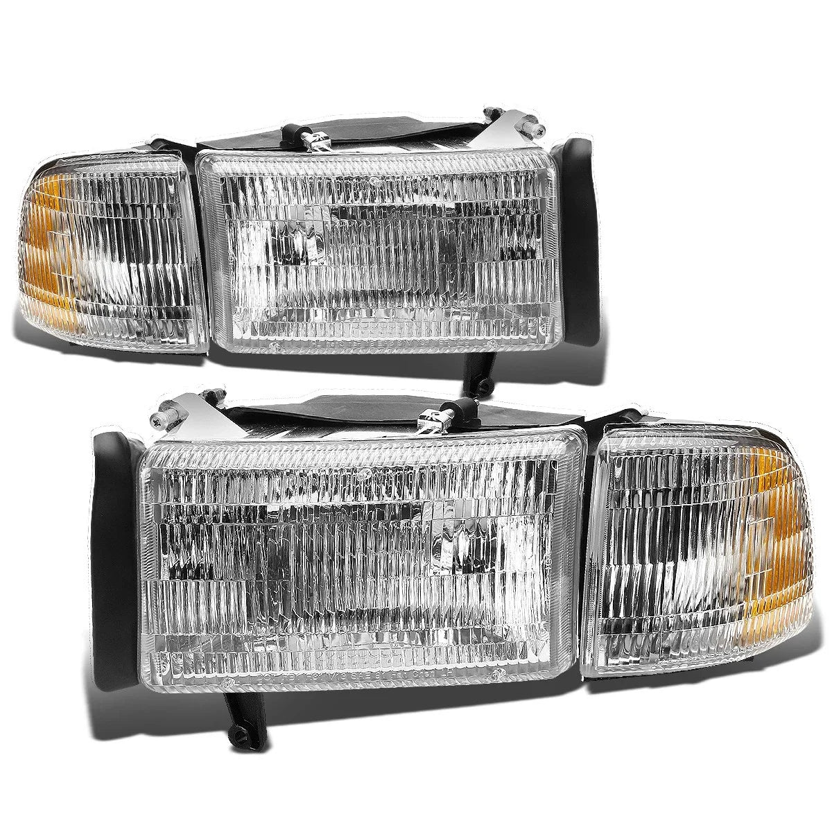 Set of 2 Chrome Housing Clear Headlight Assembly + Corner + LED Fog Light for Ram (1994–2002)