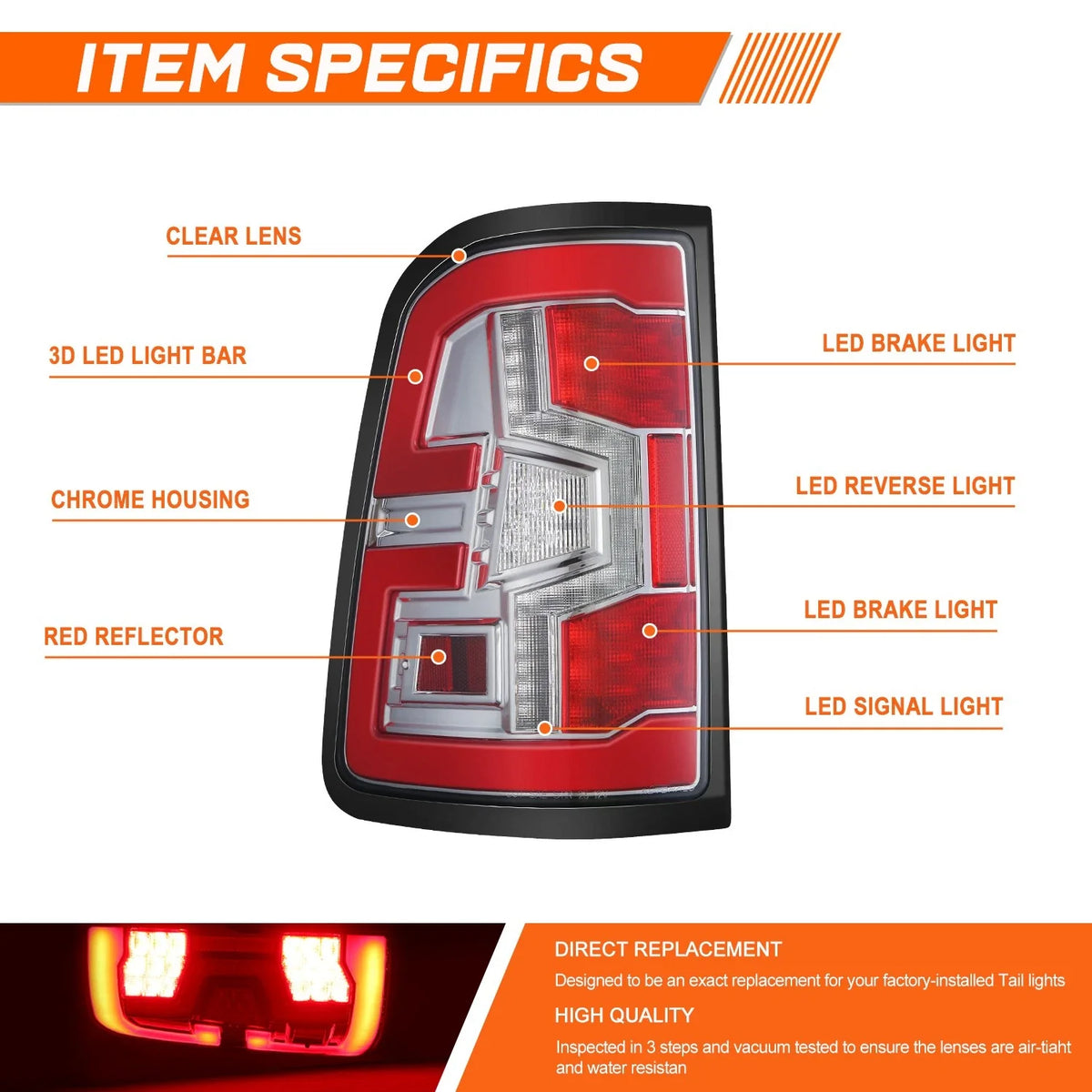 Full LED Light Bar Tail Lights for Ram 1500 (2019–2024) Chrome Housing