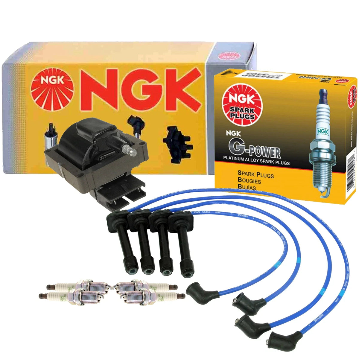 Set of 4 NGK HEI Ignition Coil Wires & G-Power Platinum Spark Plugs for Ford Probe (1993–1997)