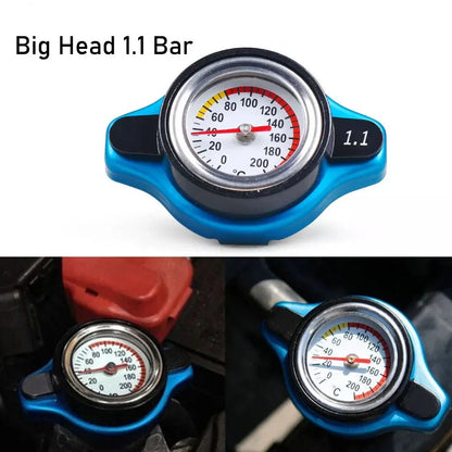 Blue Big Head Radiator Cap with Water Temp Meter - 1.1BAR Thermostatic Gauge