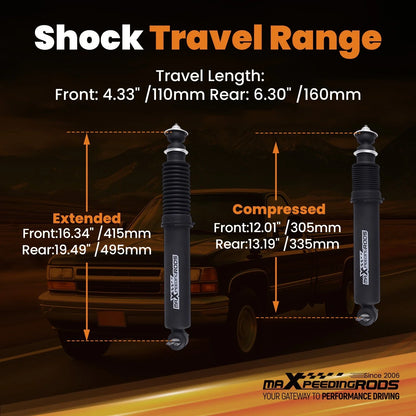 4" Drop Front & 7-8" Drop Rear Shock Kit for Chevy C1500 (1988–1998)