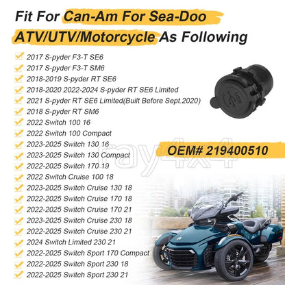 USB Power Outlet for Sea-Doo Ryker Spyder F3 (100 130 170)