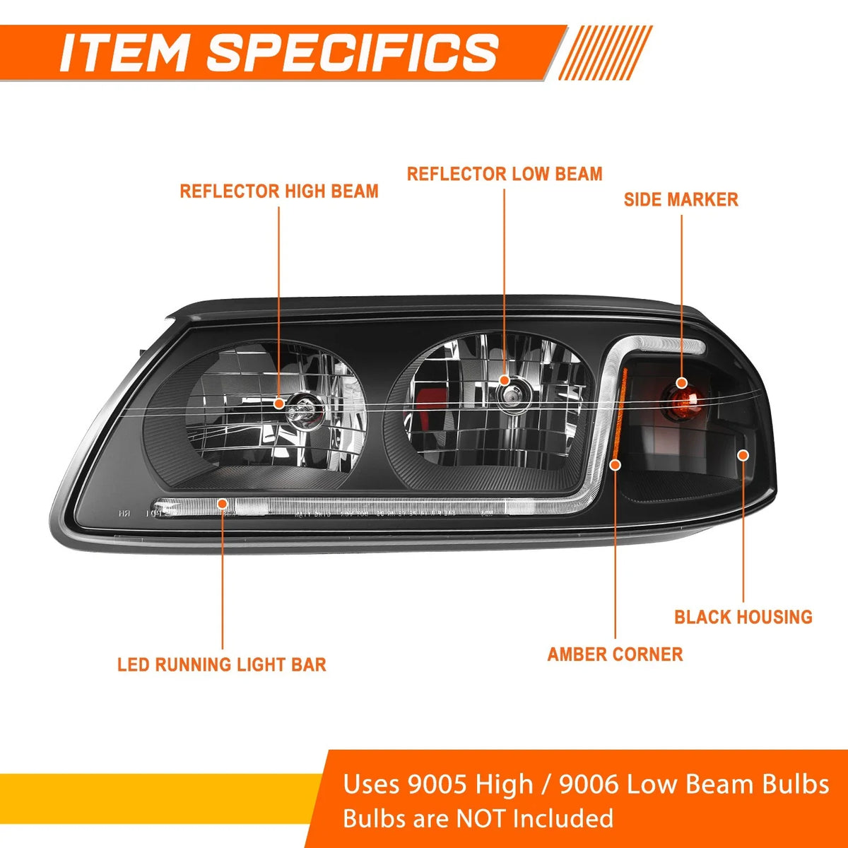 Amber Corner LED Headlight for 2000–2005 Chevy Impala, Black Housing