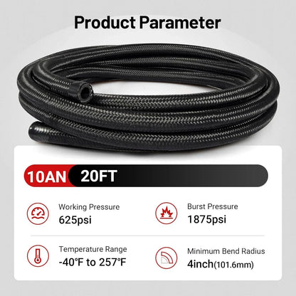 Universal 10AN Nylon Braided Fuel Line Hose Fitting Kit - 20FT