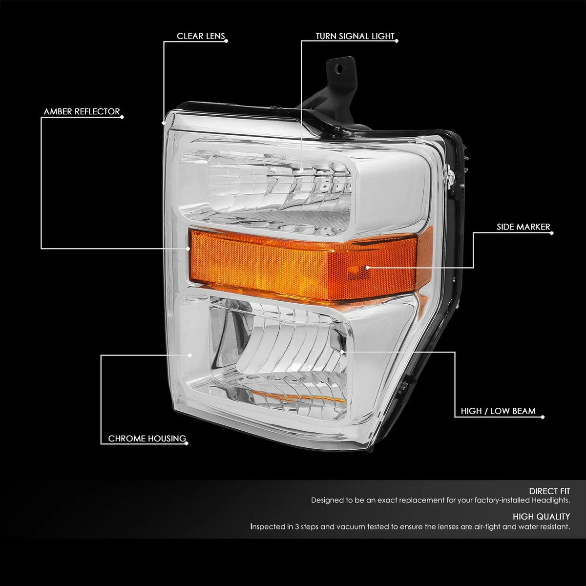 Pair of Chrome Housing Amber Side Headlights for Ford Super Duty (2008–2010)