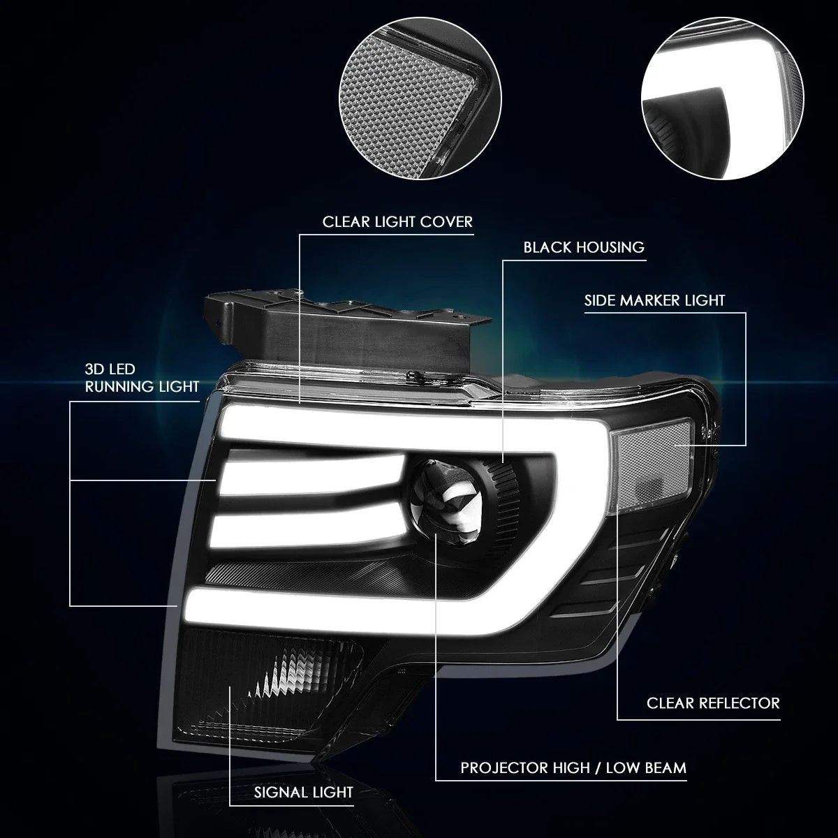 Projector Headlight with LED Daytime Running Lights for Ford F150 2009-2014