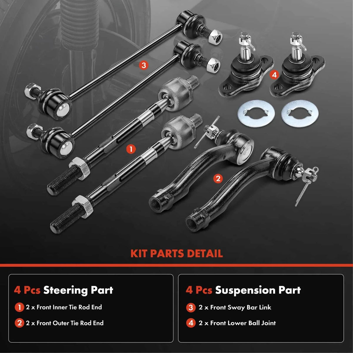 8 Front Sway Bar Links, Tie Rod Ends & Lower Ball Joints for Kia Sportage