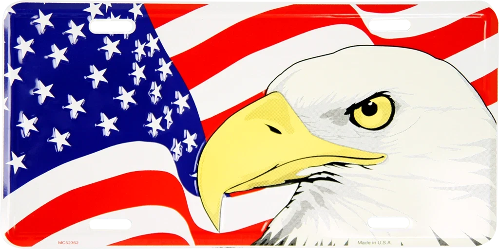 USA Flag Bald Eagle Vanity License Plate for Auto (Aluminum, Embossed)