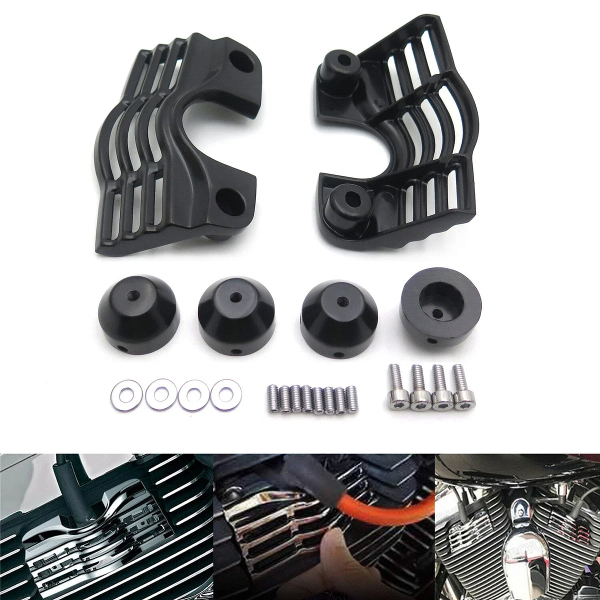 Black Slotted Finned Spark Plug Head Bolt Covers for Harley Touring (FLH FLT)