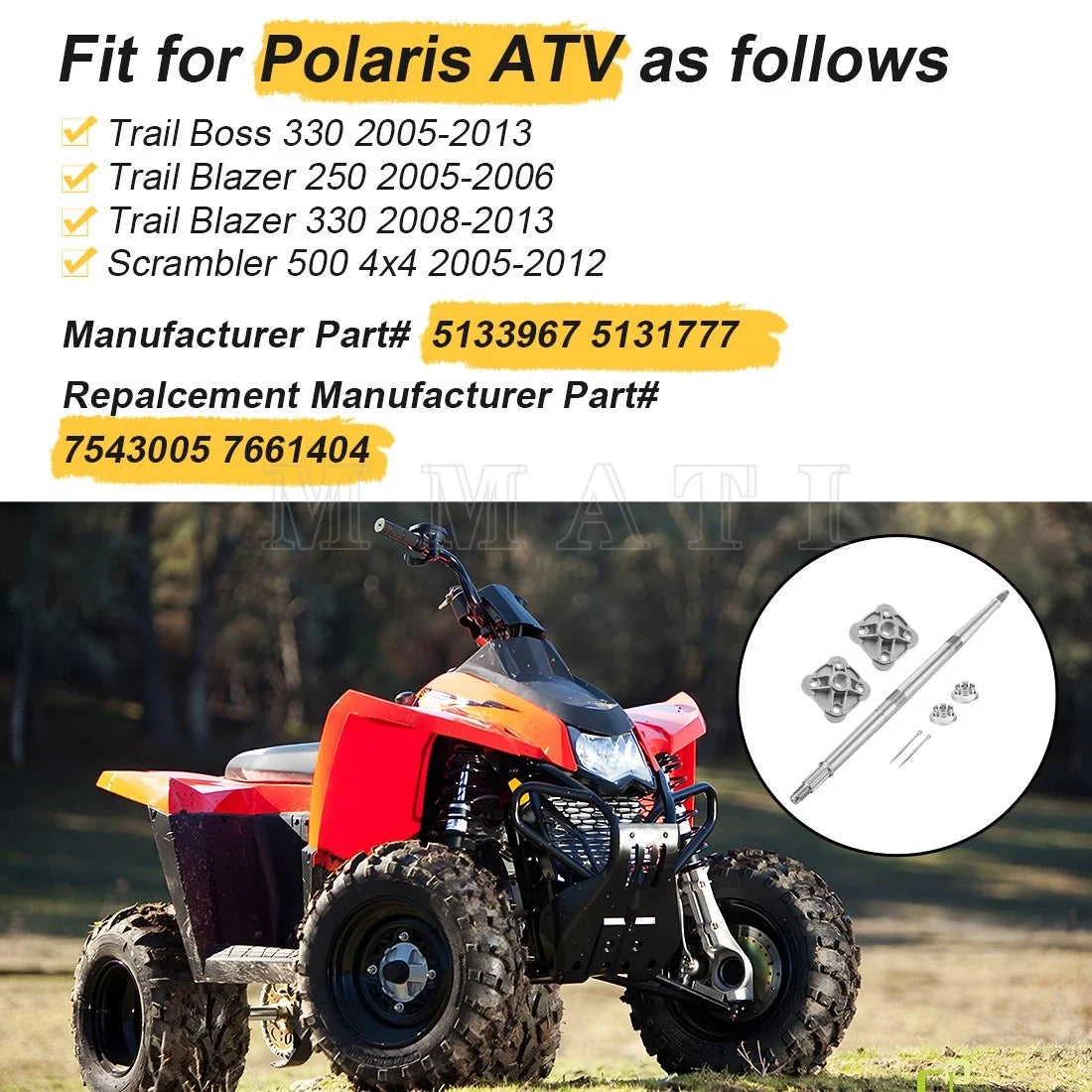 Rear Axle Shaft & Wheel Hubs for Polaris Trail Boss 330, Trail Blazer 250, 330 (2000–2008)