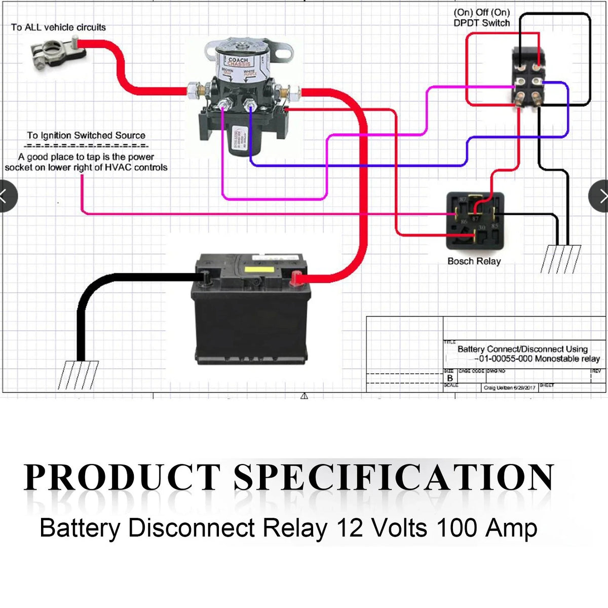 Battery Disconnect Relay Switch for (01-00055-010, 100 Amp, 12V)