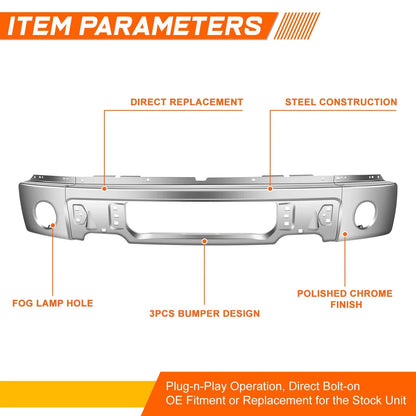 Chrome Front Bumper Bar for Ford F150 (2009-2014) with Fog Light Opening