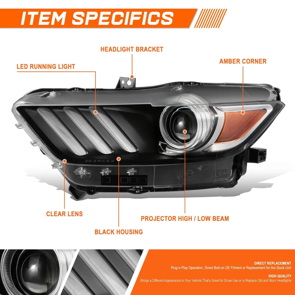 Projector Headlight Lamp HID for Ford Mustang (2015-2017)