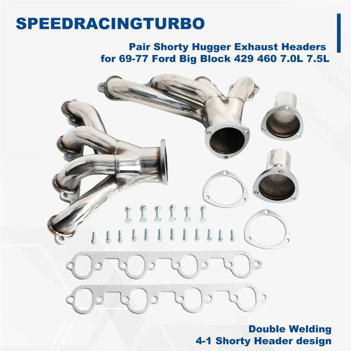 Pair Shorty Hugger Exhaust Headers for Ford Big Block 429 460 (1969–1977)