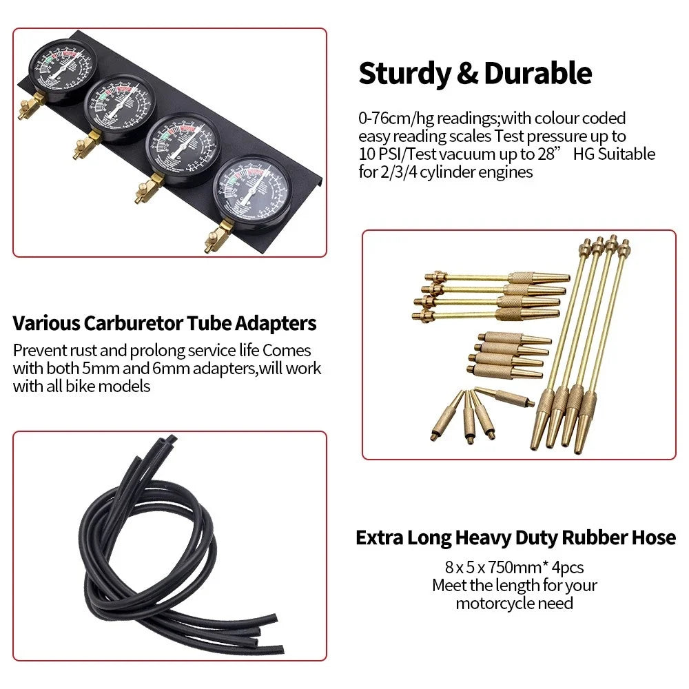 4-Piece Fuel Vacuum Carburetor Synchronizer Tool Set