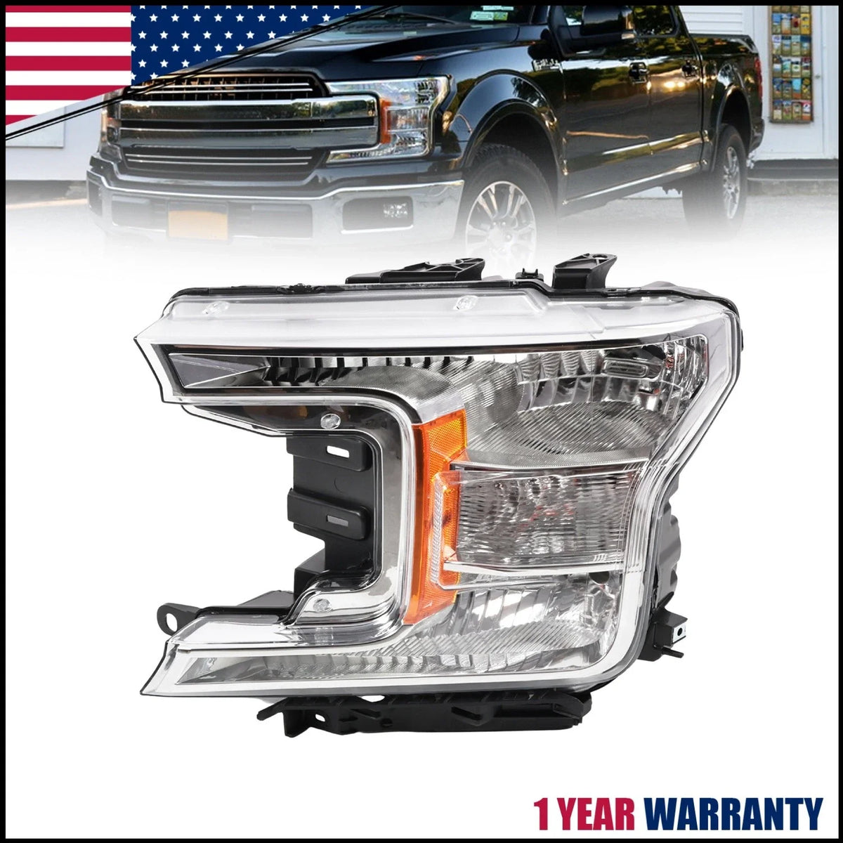 2018-2020 Ford F150 Driver Side Halogen Headlight Assembly, Chrome Clear