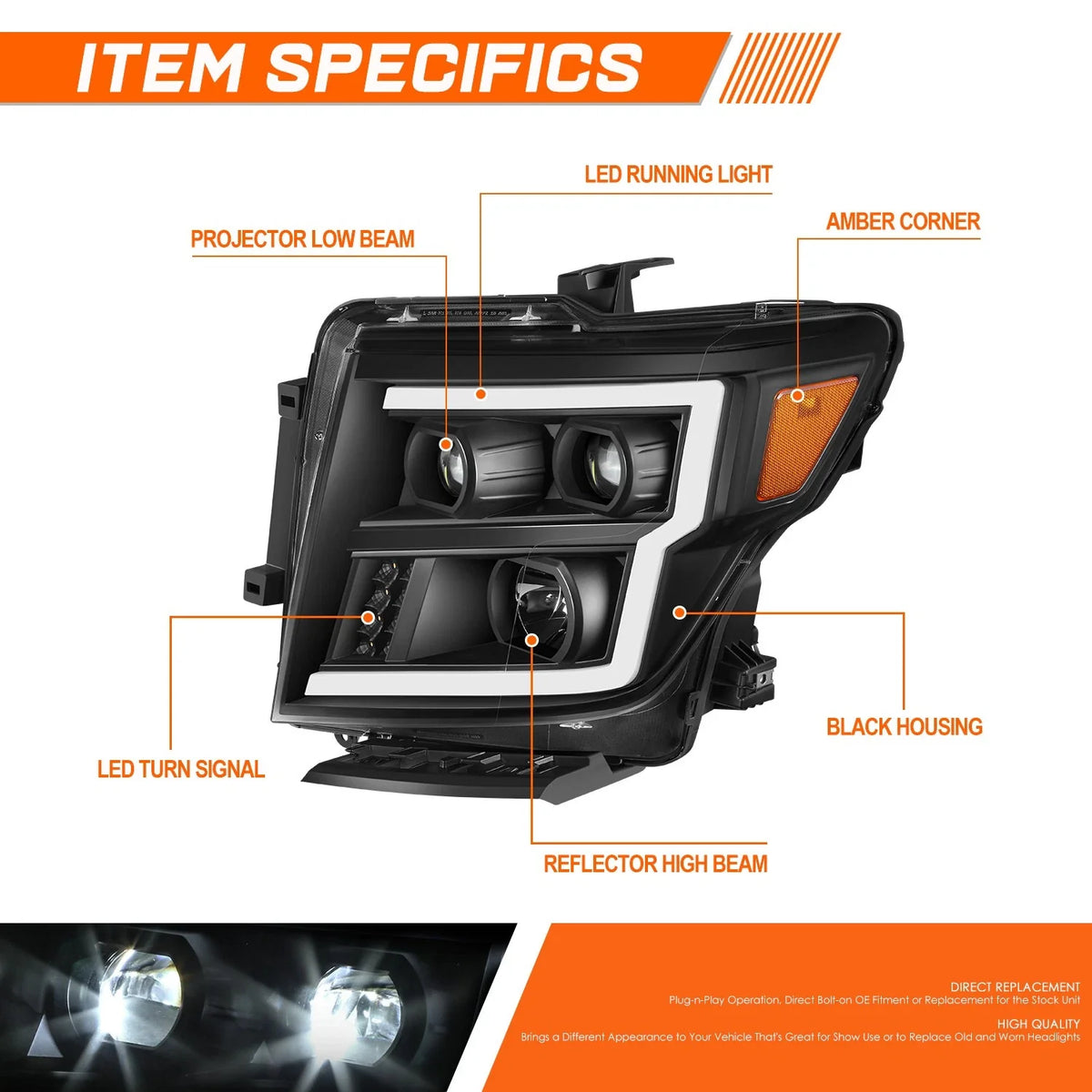 LED DRL Projector Headlights for Nissan Titan XD (2016–2024) Black/Amber