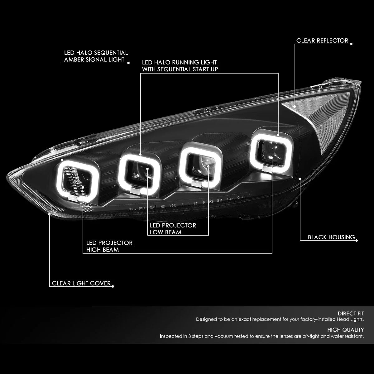 Sequential LED Halo Projector Headlight for Ford Focus (2015–2018)