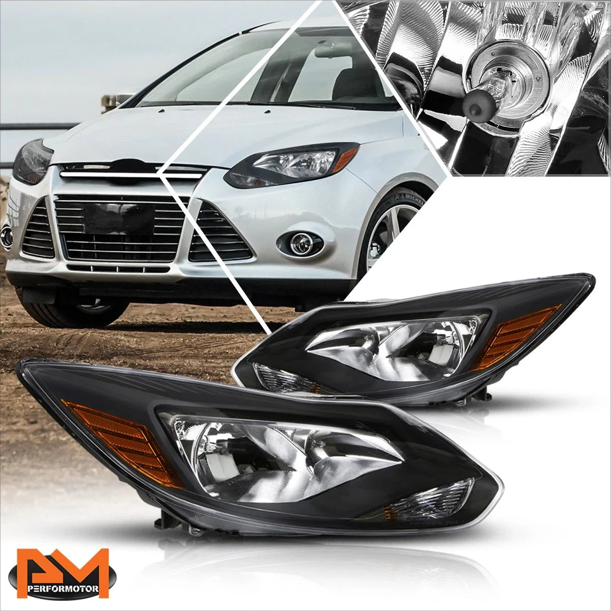 Pair of Headlights for Ford Focus (2012-2014) - Amber Signal, Black Housing