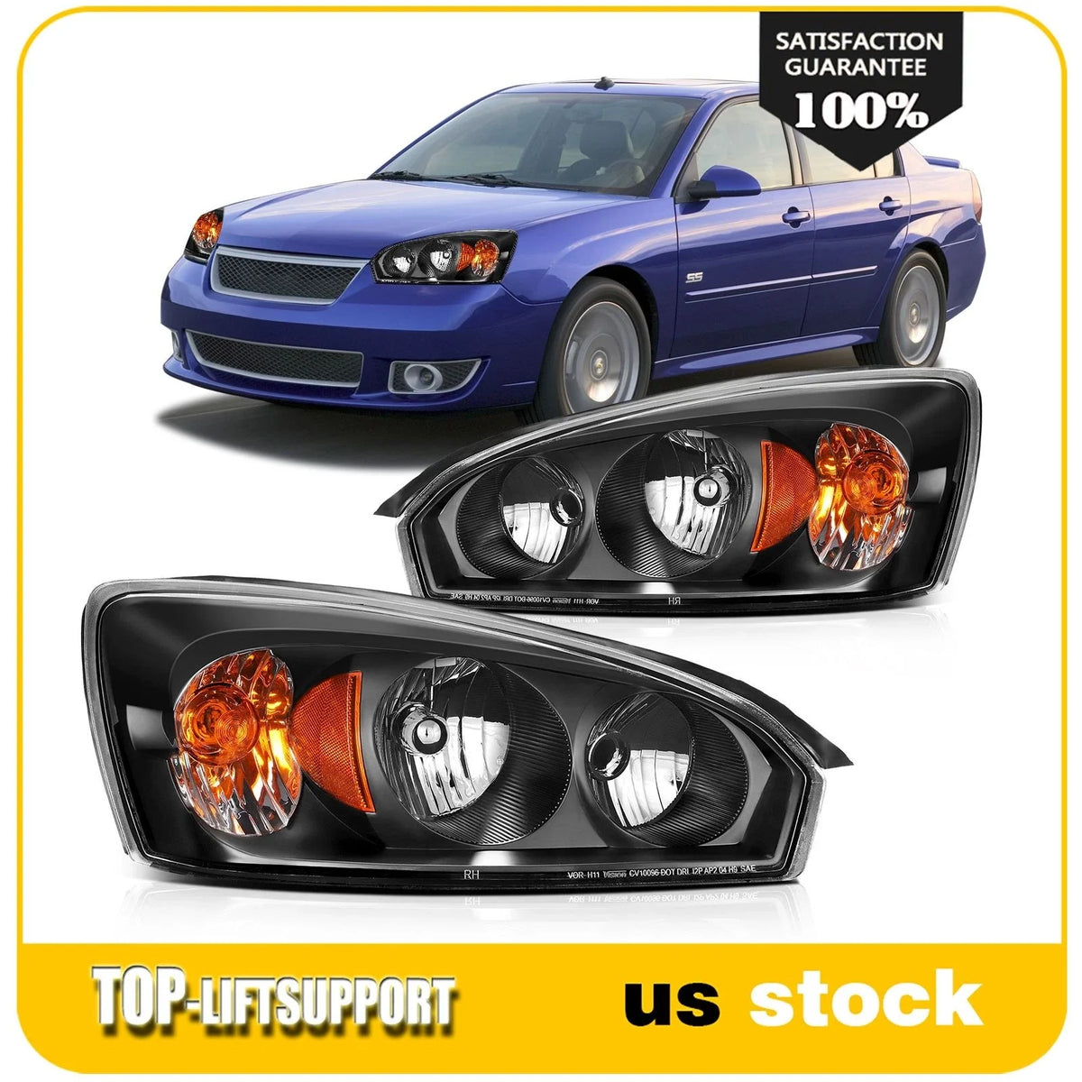 2X Headlight Assembly for Chevrolet Malibu (2004–2008) Black Amber