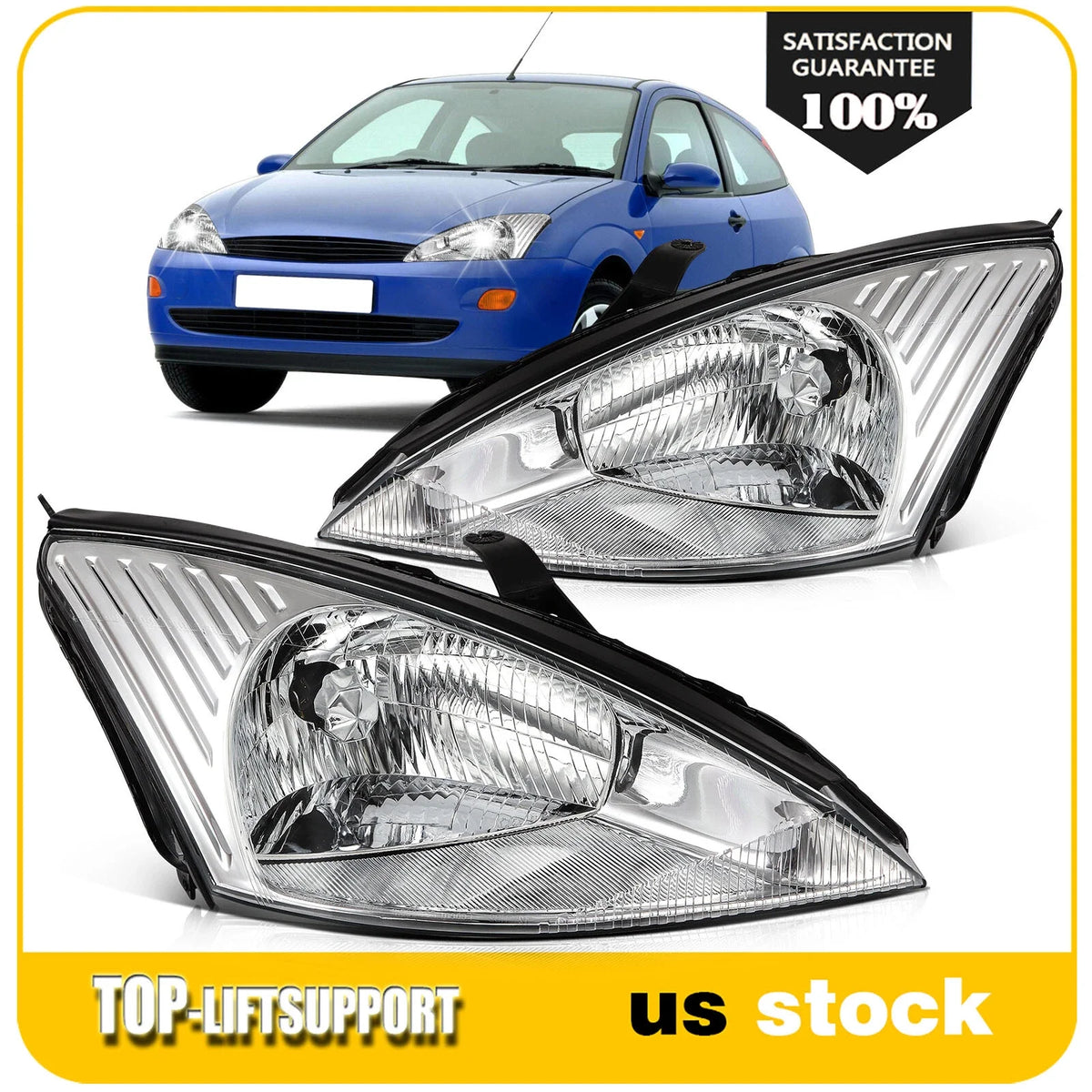 Headlight Assembly for Ford Focus (2000–2004) Chrome Housing Clear Lens L+R